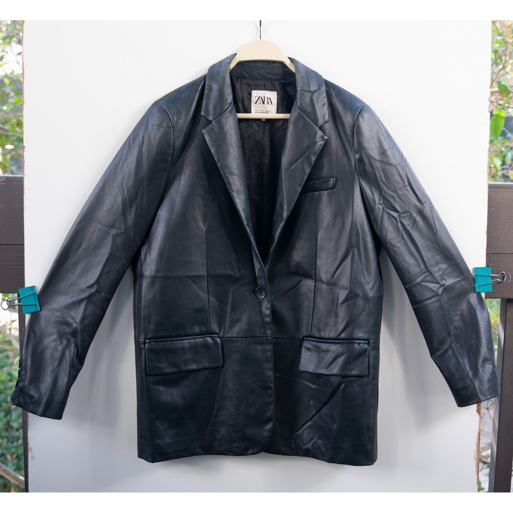 Zara Faux Leather Straight Cut Blazer Jacket Black Size M
